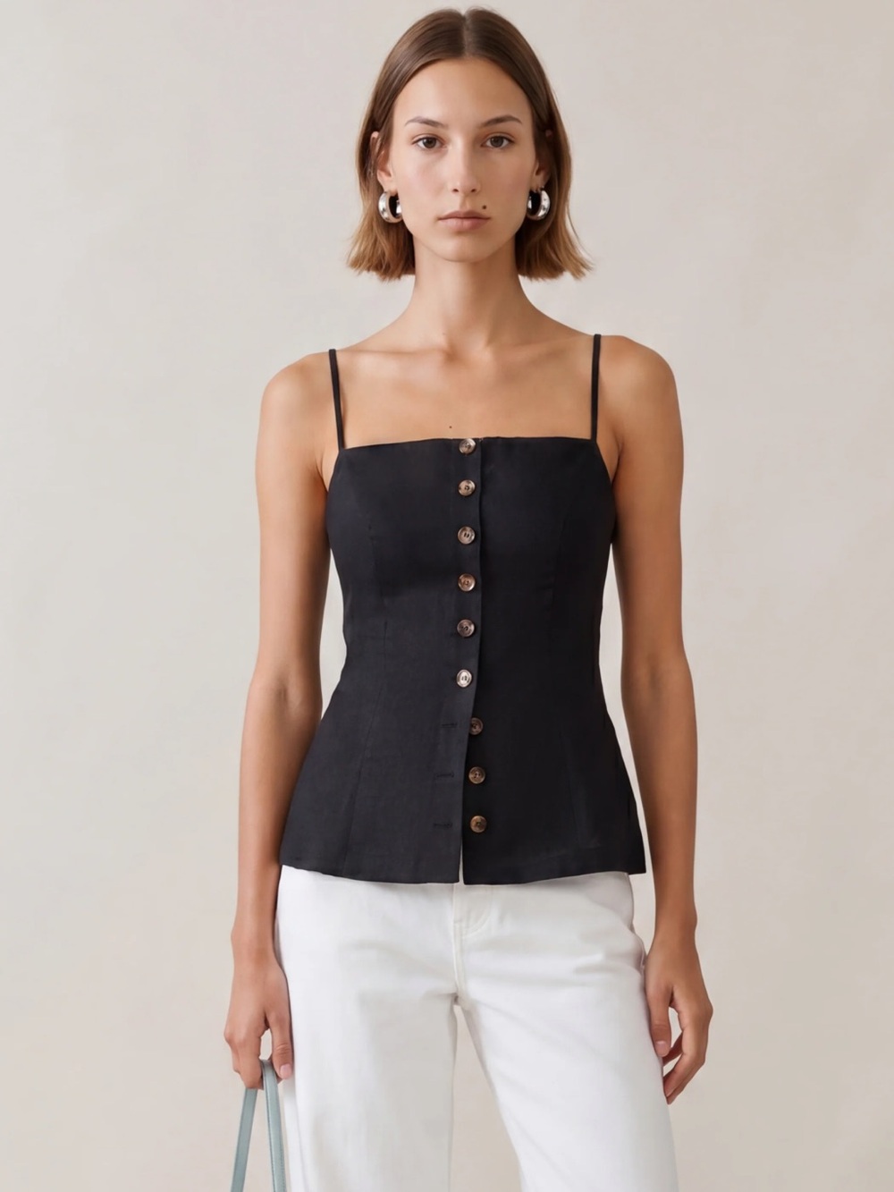 Few Moda Kourt Cecile Linen top in Black with adjustable straps.
